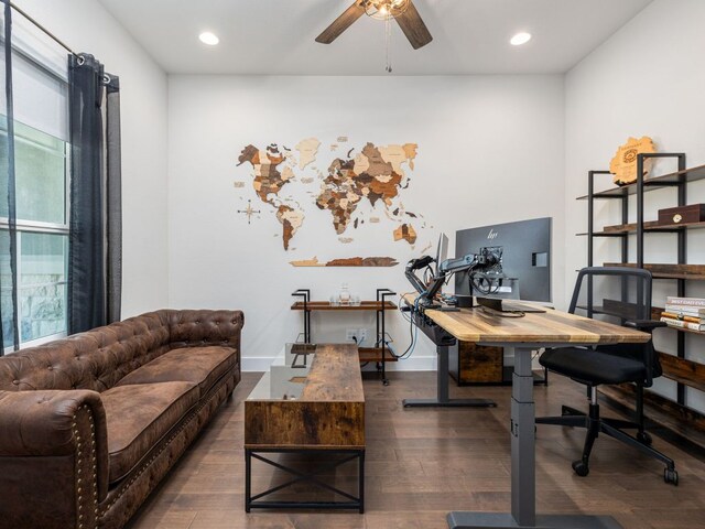 20513 Christie Marie Ln, Pflugerville, TX 78660 - office area with wood finished floors, recessed lighting, a ceiling fan, and baseboards