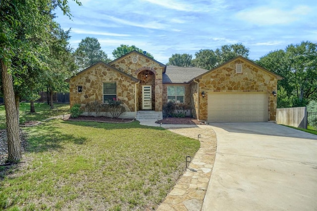 view of front facade featuring stone siding, a garage, concrete driveway, and a shingled roof