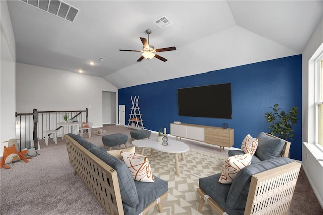 257 Falling Star Ln, Georgetown, TX 78628 - carpeted living room featuring vaulted ceiling and a ceiling fan