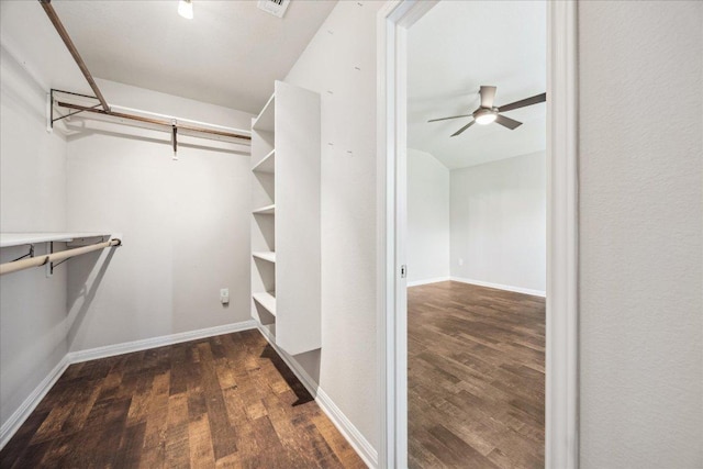 walk in closet featuring wood finished floors and a ceiling fan