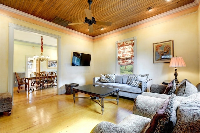 101 Short St, Smithville, TX 78957 - living area featuring ornamental molding, wooden ceiling, wood finished floors, ceiling fan, and a chandelier