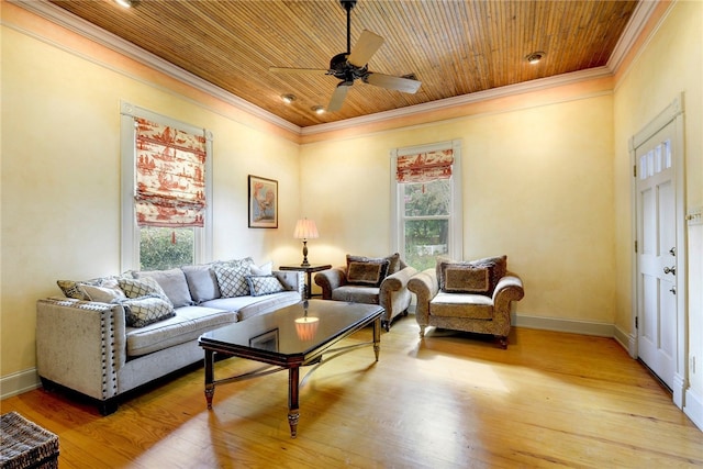 101 Short St, Smithville, TX 78957 - living room with crown molding, wooden ceiling, ceiling fan, and light wood-type flooring