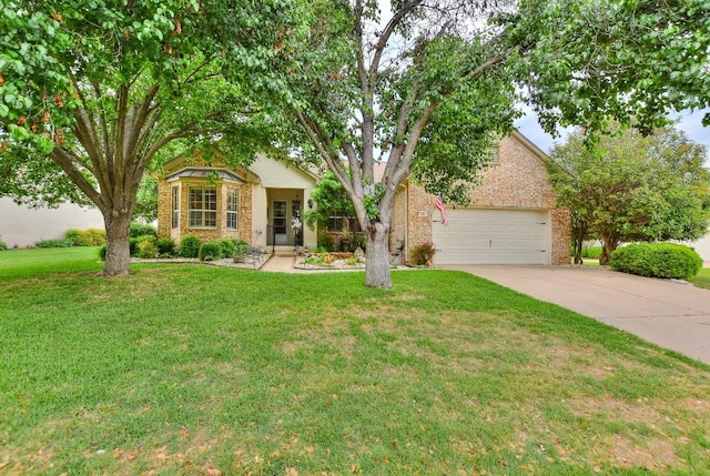 109 Cattle Trail Way, Georgetown, TX 78633 - view of property hidden behind natural elements with brick siding, concrete driveway, a front yard, and an attached garage