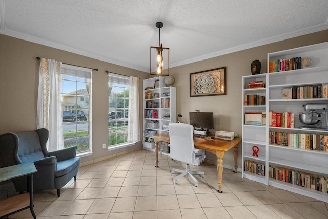 office space featuring crown molding, a textured ceiling, light tile patterned flooring, and baseboards