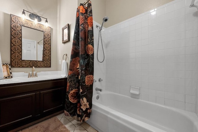 full bathroom with shower / bath combo, vanity, and tile patterned floors