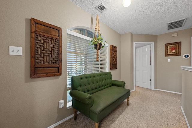 sitting room with a textured ceiling, baseboards, and carpet floors