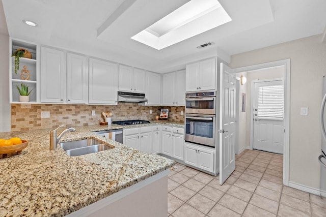 1000 Liberty Park Dr Unit 205, Austin, TX 78746 - kitchen with a sink, appliances with stainless steel finishes, a skylight, under cabinet range hood, and light tile patterned flooring