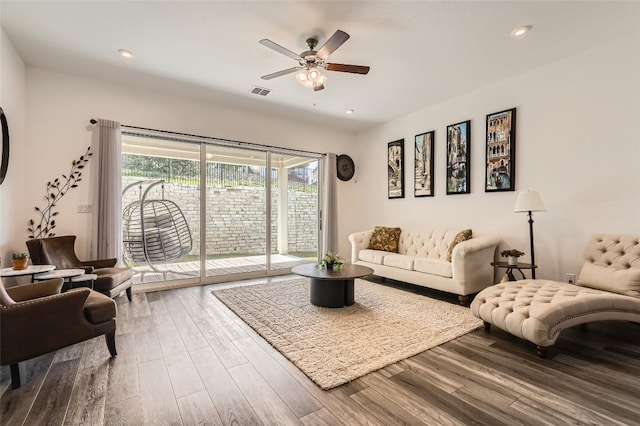 4608 Modena Bay Bnd, Leander, TX 78641 - living room featuring a ceiling fan, wood finished floors, and recessed lighting