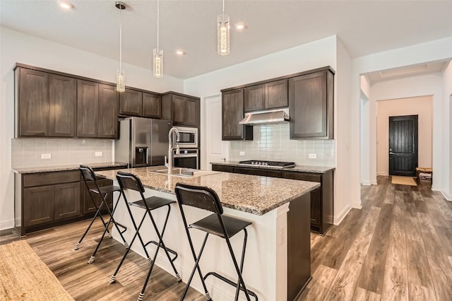 4608 Modena Bay Bnd, Leander, TX 78641 - kitchen featuring under cabinet range hood, stainless steel appliances, dark brown cabinets, light stone countertops, and light wood-type flooring