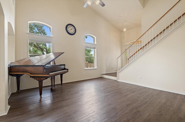 13306 James Monroe St, Manor, TX 78653 - entryway with high vaulted ceiling, stairway, dark wood finished floors, a ceiling fan, and baseboards