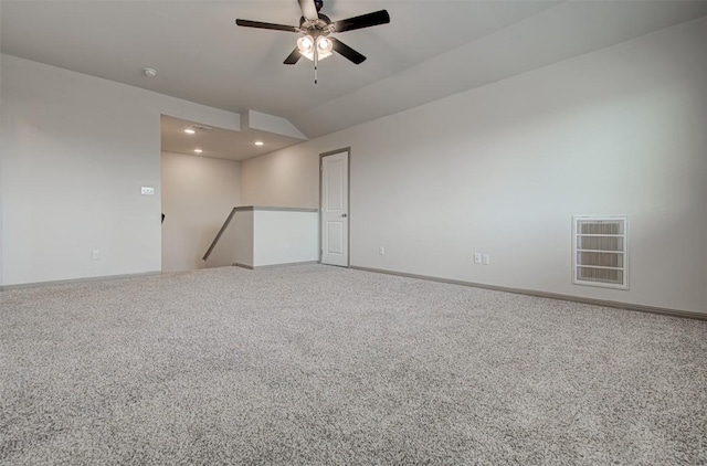 286 Spinnaker Loop, Kyle, TX 78640 - empty room with a ceiling fan, recessed lighting, carpet, vaulted ceiling, and baseboards