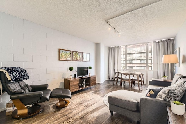 1800 Lavaca St Unit A-514, Austin, TX 78701 - living room featuring wood finished floors, a textured ceiling, rail lighting, baseboards, and concrete block wall