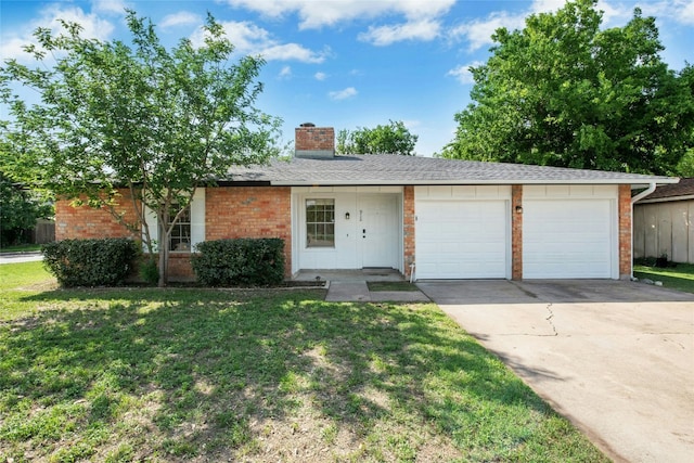 single story home with a garage, concrete driveway, brick siding, and a chimney