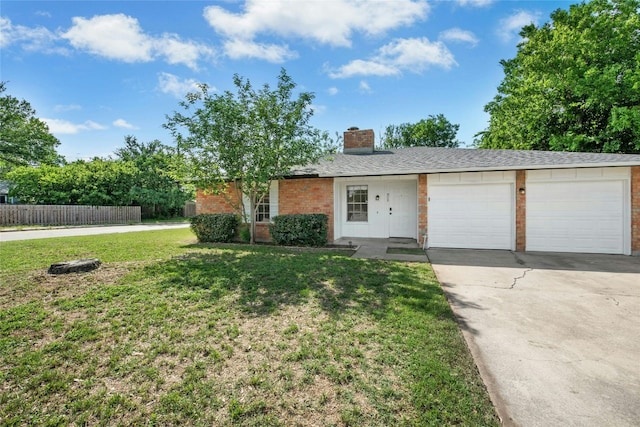 single story home with brick siding, concrete driveway, an attached garage, and a chimney