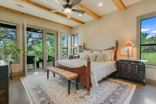 1150 Windmill Run, Wimberley, TX 78676 - bedroom with beam ceiling, access to exterior, baseboards, recessed lighting, and ceiling fan