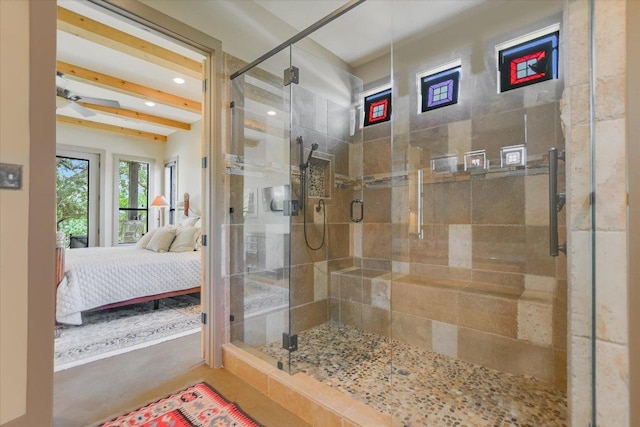 1150 Windmill Run, Wimberley, TX 78676 - ensuite bathroom featuring a shower stall, beamed ceiling, and recessed lighting