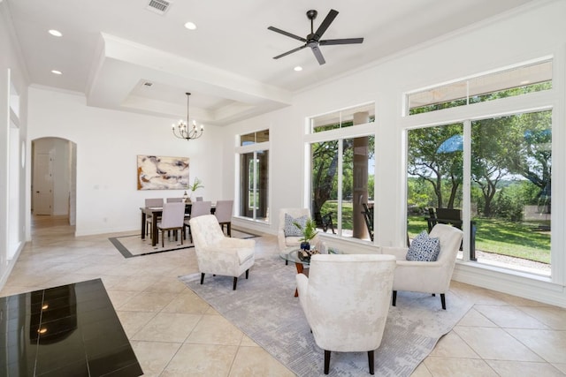 325 Onion Creek Ranch Rd, Driftwood, TX 78619 - living room with arched walkways, healthy amount of natural light, light tile patterned flooring, baseboards, and recessed lighting