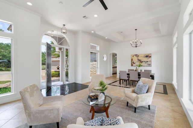 325 Onion Creek Ranch Rd, Driftwood, TX 78619 - living area featuring arched walkways, light tile patterned flooring, a chandelier, ceiling fan, and recessed lighting