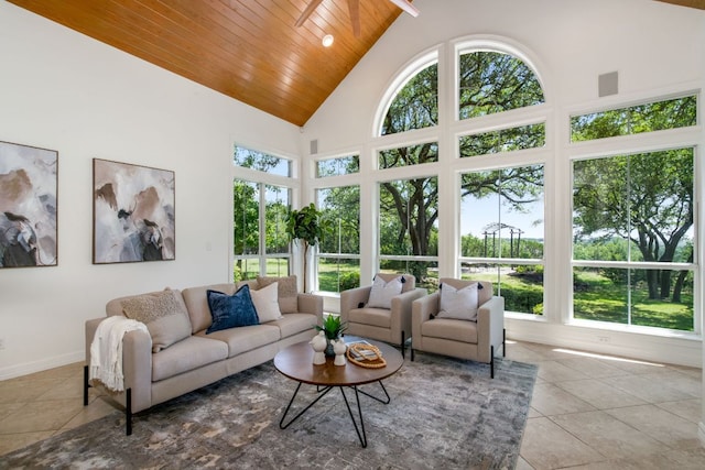 325 Onion Creek Ranch Rd, Driftwood, TX 78619 - living area featuring wood ceiling, tile patterned floors, and high vaulted ceiling