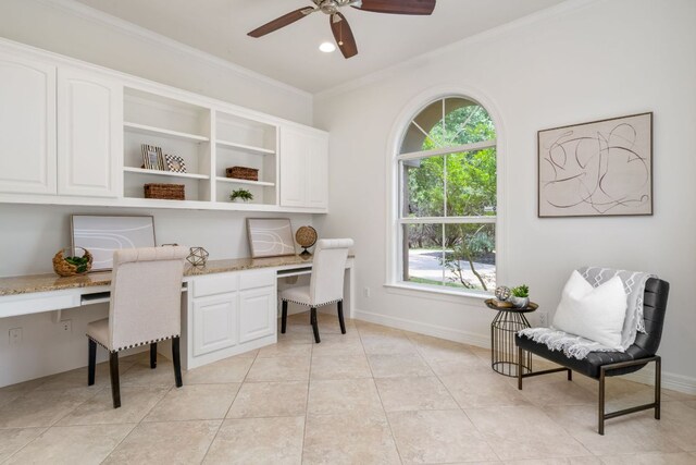 325 Onion Creek Ranch Rd, Driftwood, TX 78619 - office area with built in study area, a ceiling fan, ornamental molding, light tile patterned floors, and recessed lighting