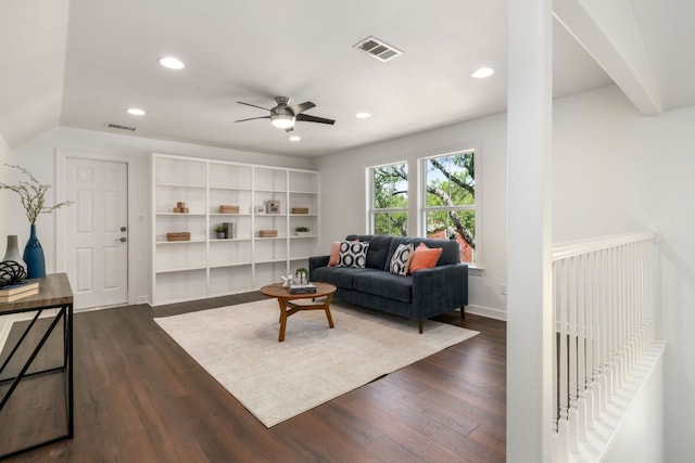 325 Onion Creek Ranch Rd, Driftwood, TX 78619 - living area with ceiling fan, dark wood finished floors, recessed lighting, baseboards, and lofted ceiling