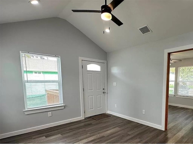 202 Prima St Unit A, Smithville, TX 78957 - entryway with a ceiling fan, vaulted ceiling, dark wood-type flooring, and recessed lighting
