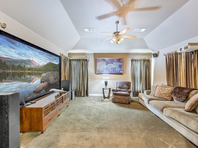 11701 Hunters Green Trl, Austin, TX 78732 - living room with a ceiling fan, light colored carpet, vaulted ceiling, and baseboards