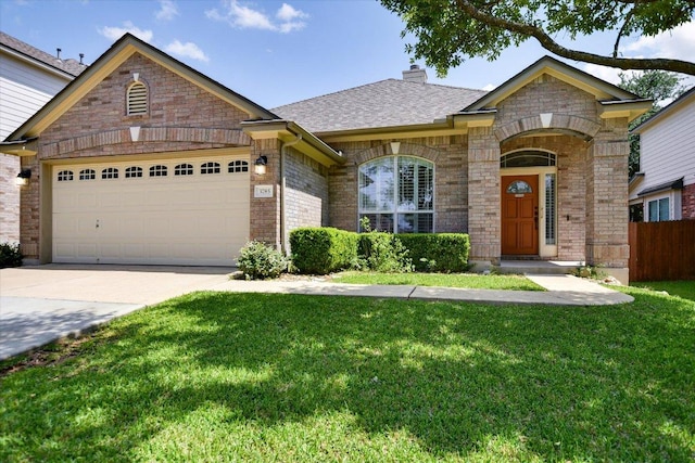 view of front of house with driveway, a garage, a chimney, and brick siding