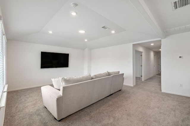 615 Backstays Loop, Kyle, TX 78640 - living area featuring light colored carpet, recessed lighting, baseboards, and vaulted ceiling