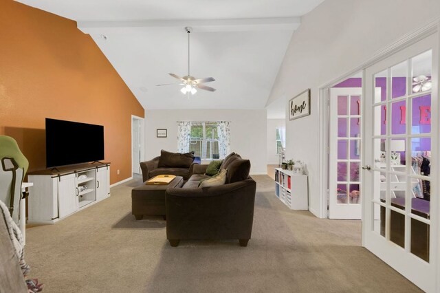 504 Sapphire Ln, Jarrell, TX 76537 - living room featuring carpet, high vaulted ceiling, french doors, and a ceiling fan