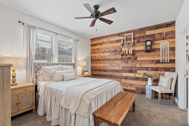 168 Pearl Way, Buda, TX 78610 - bedroom featuring carpet flooring, wood walls, and ceiling fan