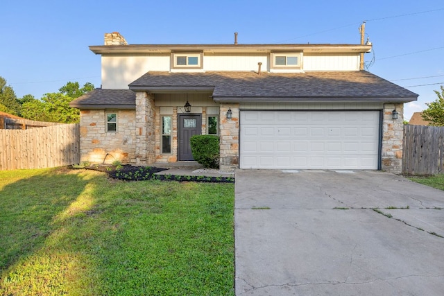 view of front facade with stone siding, driveway, a garage, and a shingled roof