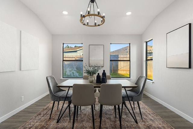 dining space with a chandelier, dark wood-style flooring, baseboards, and recessed lighting