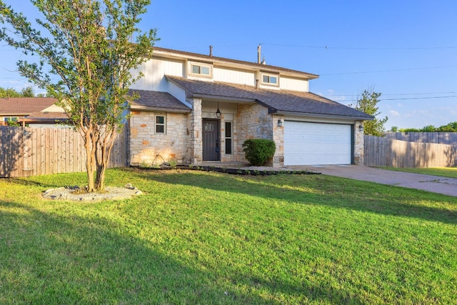 view of front facade featuring stone siding, concrete driveway, an attached garage, and a shingled roof