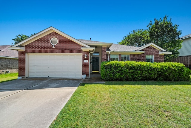 single story home featuring brick siding, driveway, a front yard, and an attached garage