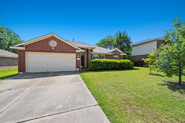 ranch-style home featuring a garage, concrete driveway, brick siding, and a front yard