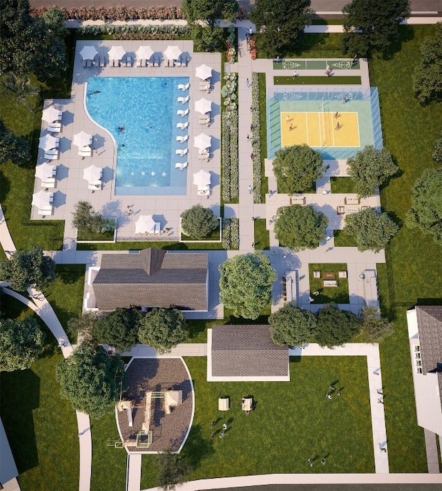 drone / aerial view of a pool area