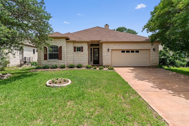 105 Longhorn Cavern Cv, Georgetown, TX 78633 - view of front of house featuring stone siding, a garage, driveway, a chimney, and a front lawn