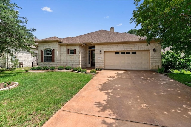 105 Longhorn Cavern Cv, Georgetown, TX 78633 - view of front of house featuring stone siding, driveway, a chimney, a garage, and a front lawn