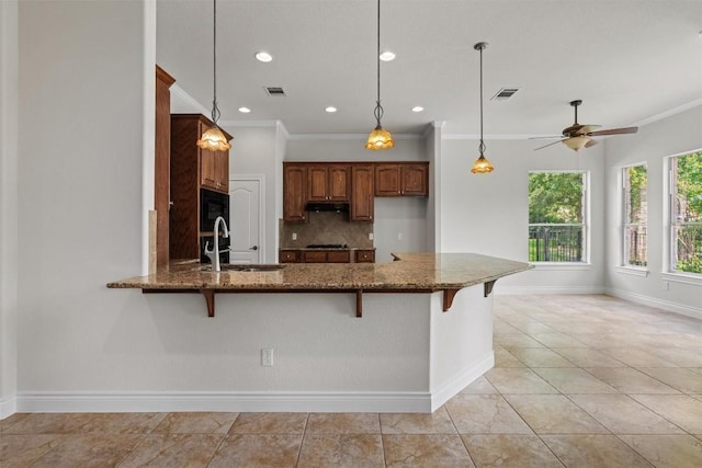 105 Longhorn Cavern Cv, Georgetown, TX 78633 - kitchen with dark stone countertops, tasteful backsplash, a peninsula, a breakfast bar, and a sink