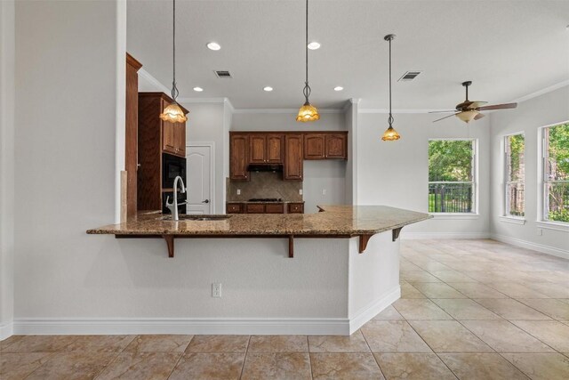 105 Longhorn Cavern Cv, Georgetown, TX 78633 - kitchen with dark stone countertops, tasteful backsplash, a peninsula, a breakfast bar, and a sink