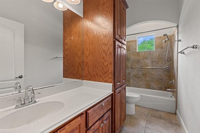 105 Longhorn Cavern Cv, Georgetown, TX 78633 - bathroom featuring toilet, shower / bath combination, vanity, tile patterned flooring, and baseboards