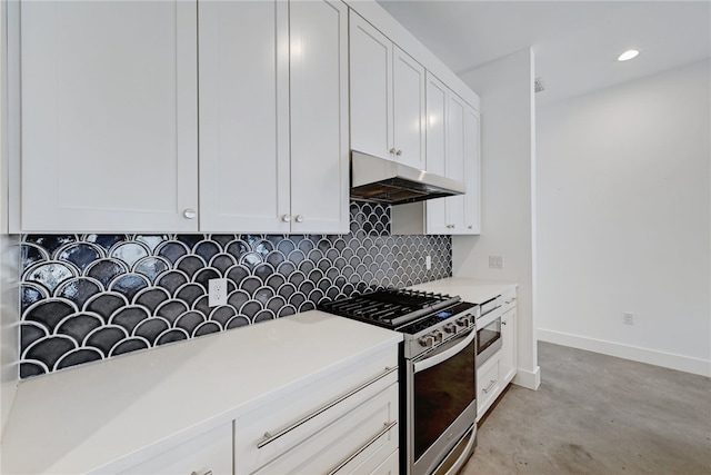 5506 Evans Ave Unit 1, Austin, TX 78751 - kitchen featuring gas range, under cabinet range hood, light countertops, backsplash, and white cabinets
