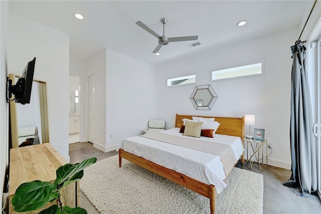 5506 Evans Ave Unit 1, Austin, TX 78751 - bedroom featuring recessed lighting, concrete floors, ceiling fan, and ensuite bath