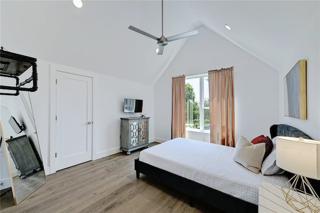 5506 Evans Ave Unit 1, Austin, TX 78751 - bedroom featuring light wood-style flooring, lofted ceiling, recessed lighting, and ceiling fan
