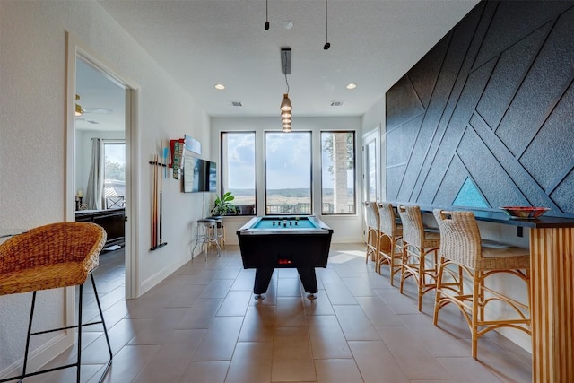 recreation room featuring pool table, a ceiling fan, recessed lighting, and a dry bar