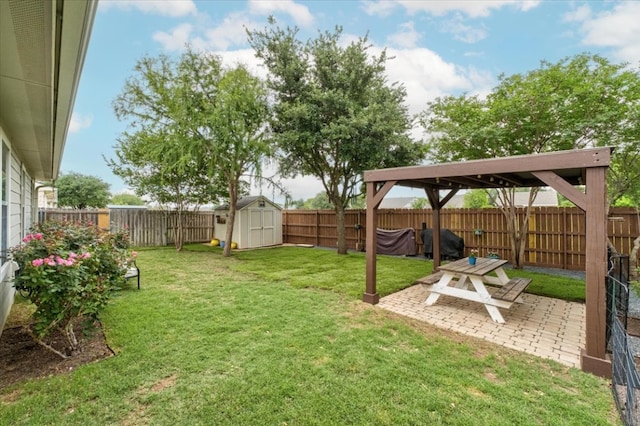view of yard featuring a patio area, a shed, and an outbuilding