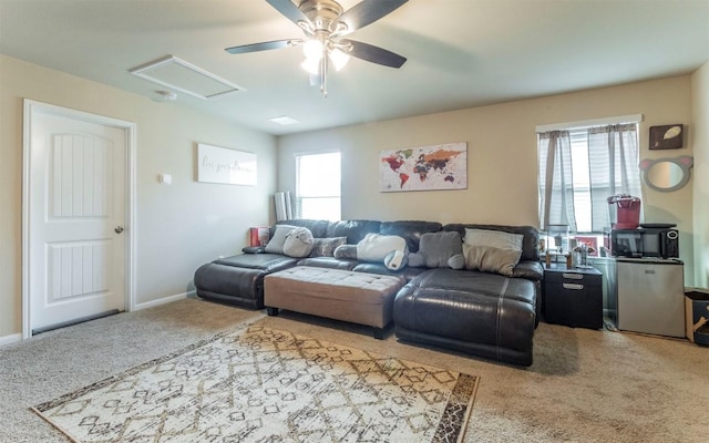 1714 Deodara Dr, Cedar Park, TX 78613 - carpeted living room with ceiling fan and attic access