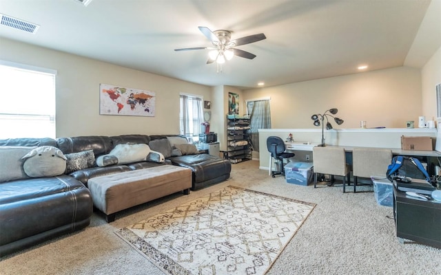 1714 Deodara Dr, Cedar Park, TX 78613 - carpeted living area with a ceiling fan and recessed lighting