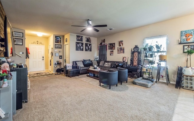 1714 Deodara Dr, Cedar Park, TX 78613 - living room featuring ceiling fan, carpet floors, and tile patterned flooring